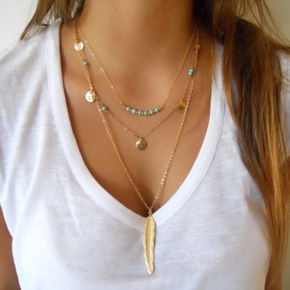 Jewelry - NEW Dainty Boho 3 Layer Turquoise Necklace Feather